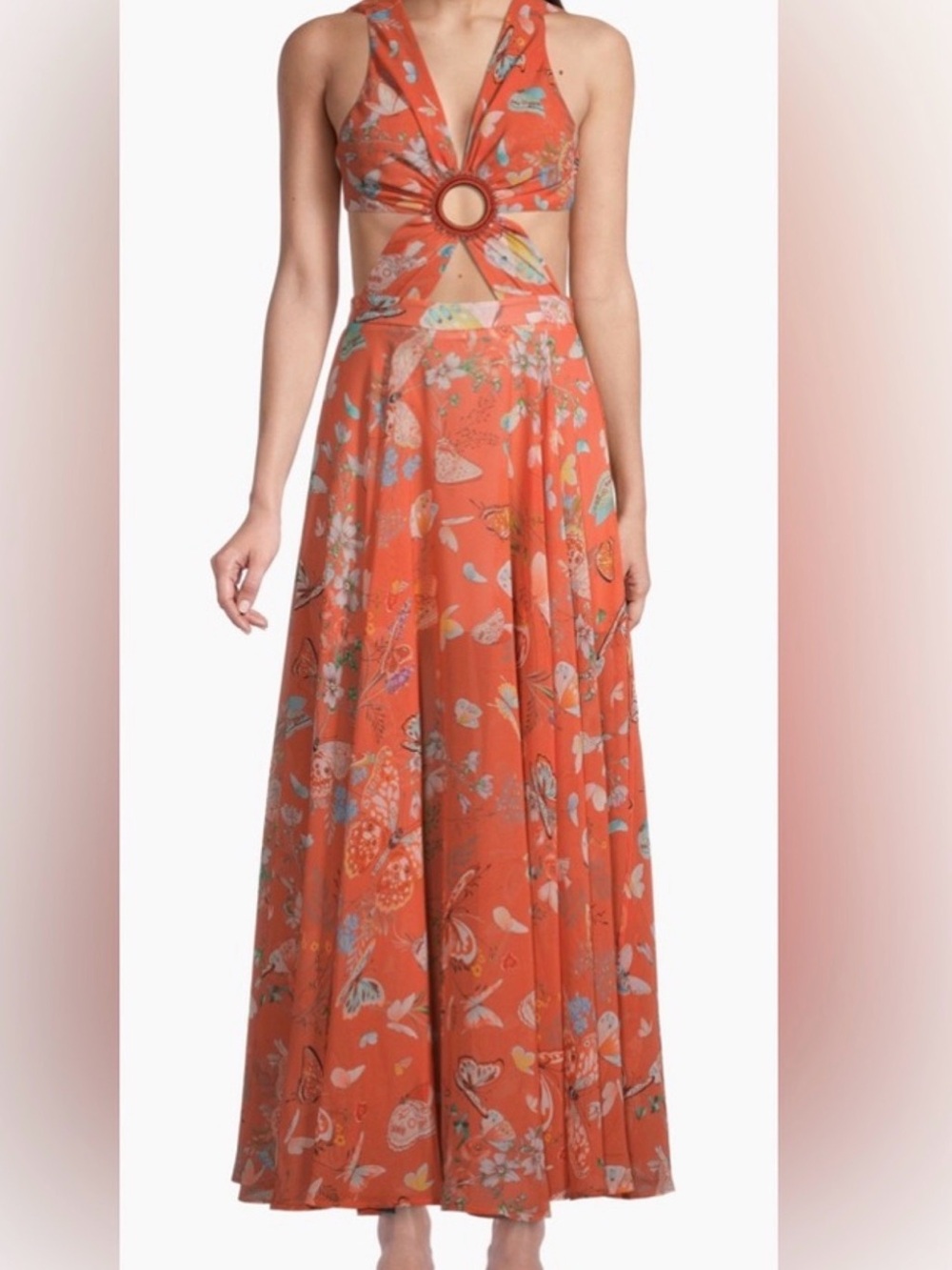 My Beachy Side Coral Floral Maxi Dress with Ring Cutout